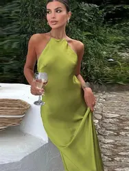 2025 New Woman Summer Dress Solid Satin Halter Neck Backless Long Dresses Chic Sexy Elegant Vintage Women's Evening Dress