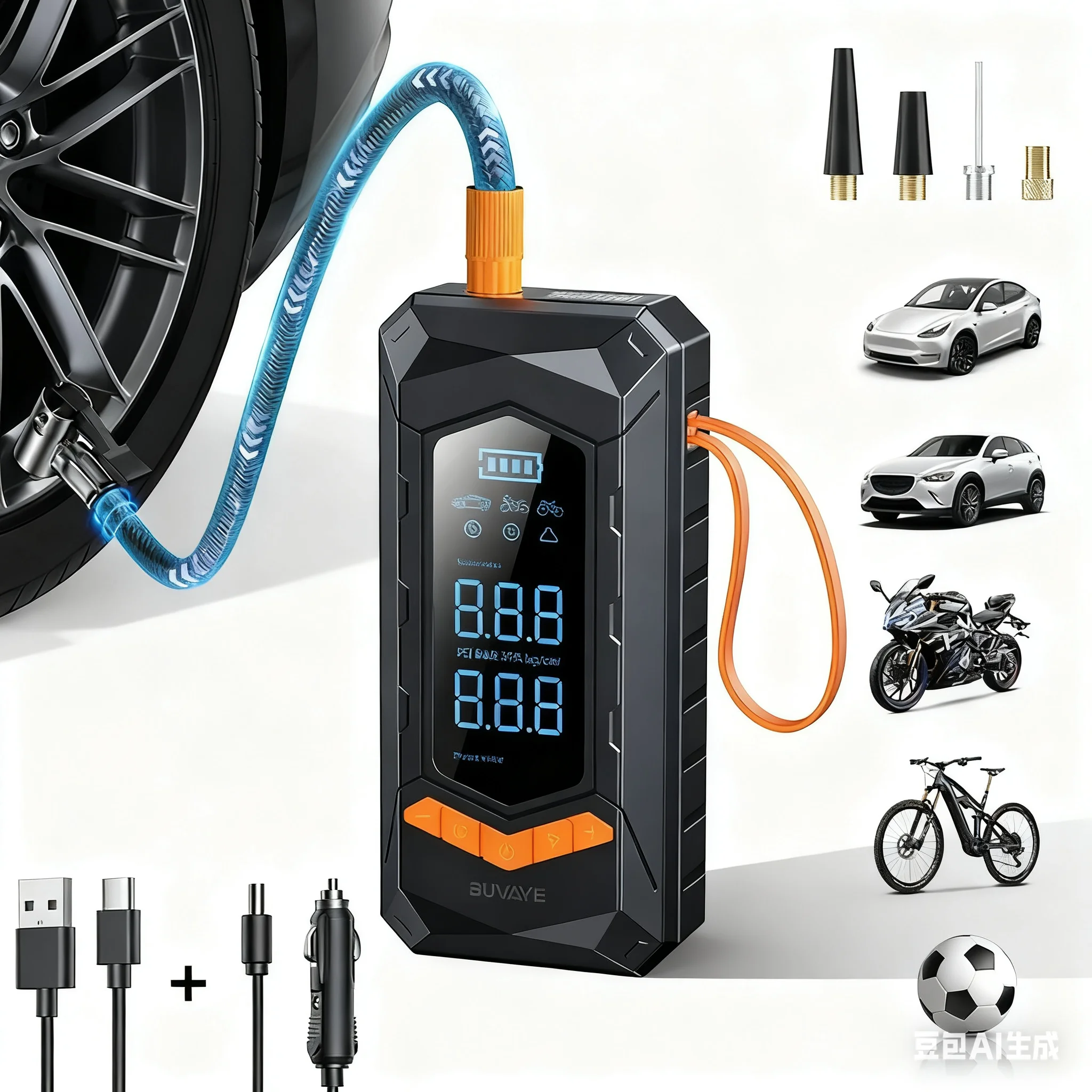 

BUVAYE Проводной/беспроводной автомобильный насос, насос для накачивания шин, компрессор, портативный насос для накачивания шин с шнуром питания 3 м