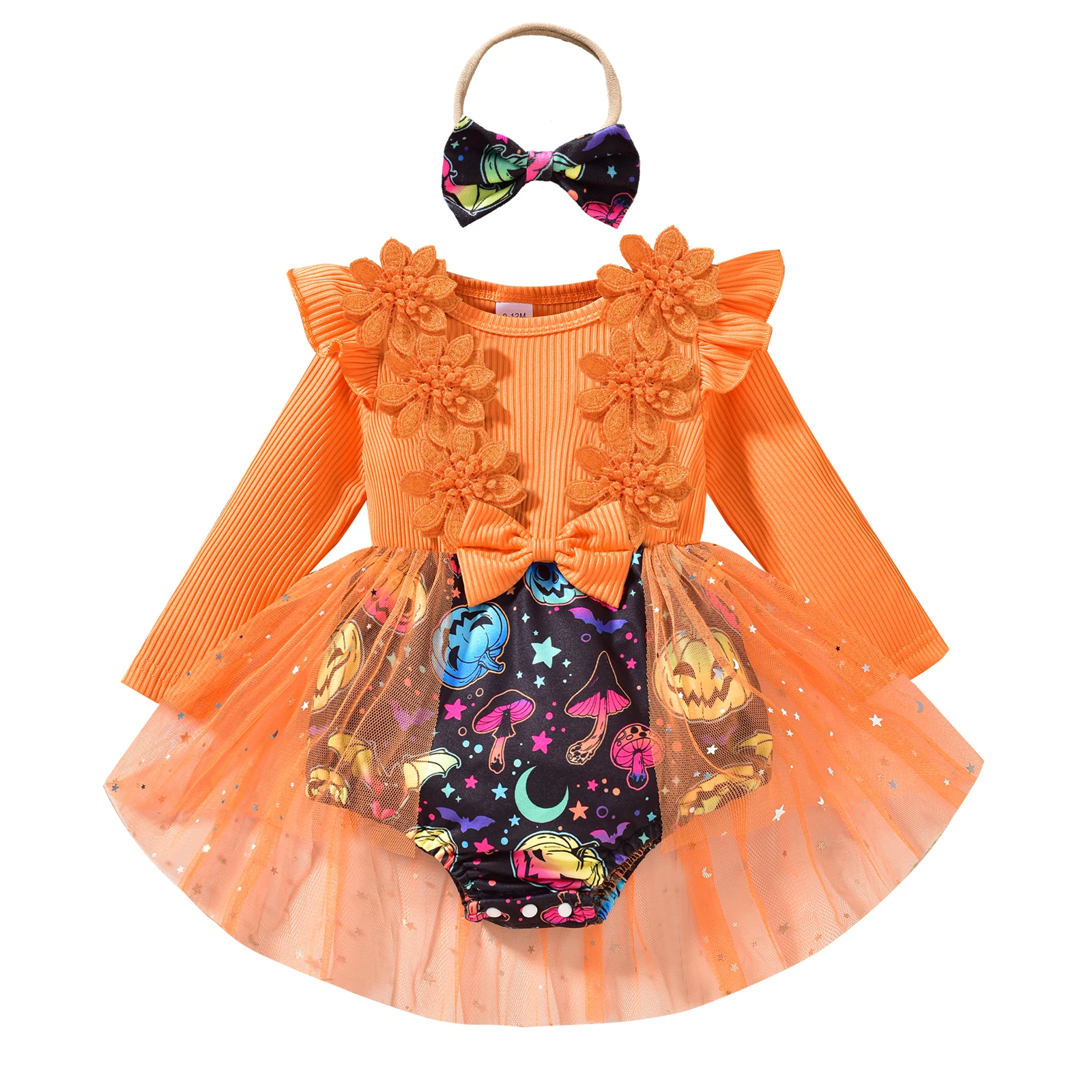 

SUNSIOM 0-18 Months Baby Girl Halloween Romper Dress Long Sleeve O Neck Tulle Patchwork Romper with Headband Outfits