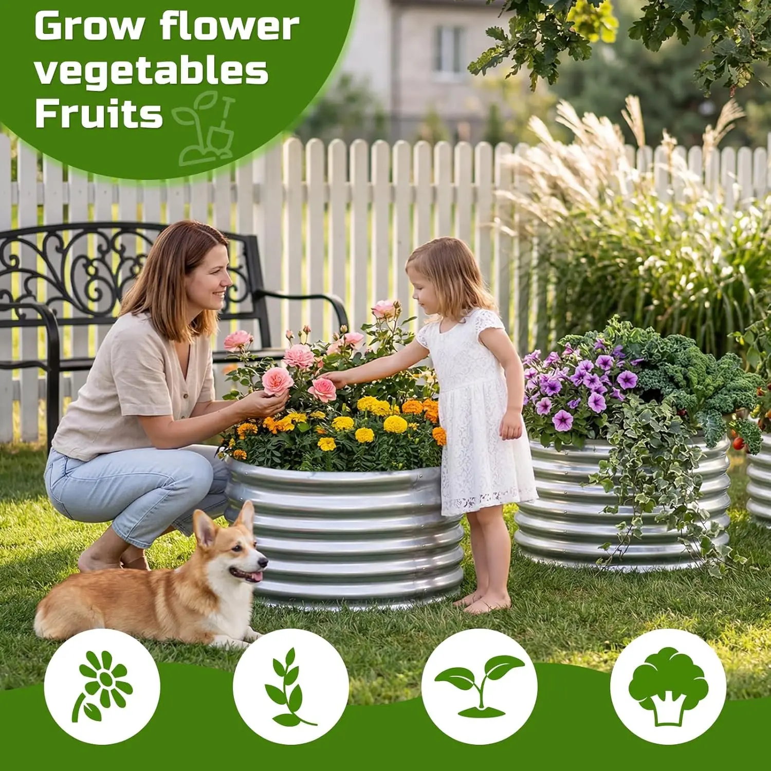 3PCS 2x2x2FT Galvanized Raised Garden Bed Kit Round Metal Flower Box Large Planter Raised Beds Outdoor Garden for Planting,Fruit,Herb Silver