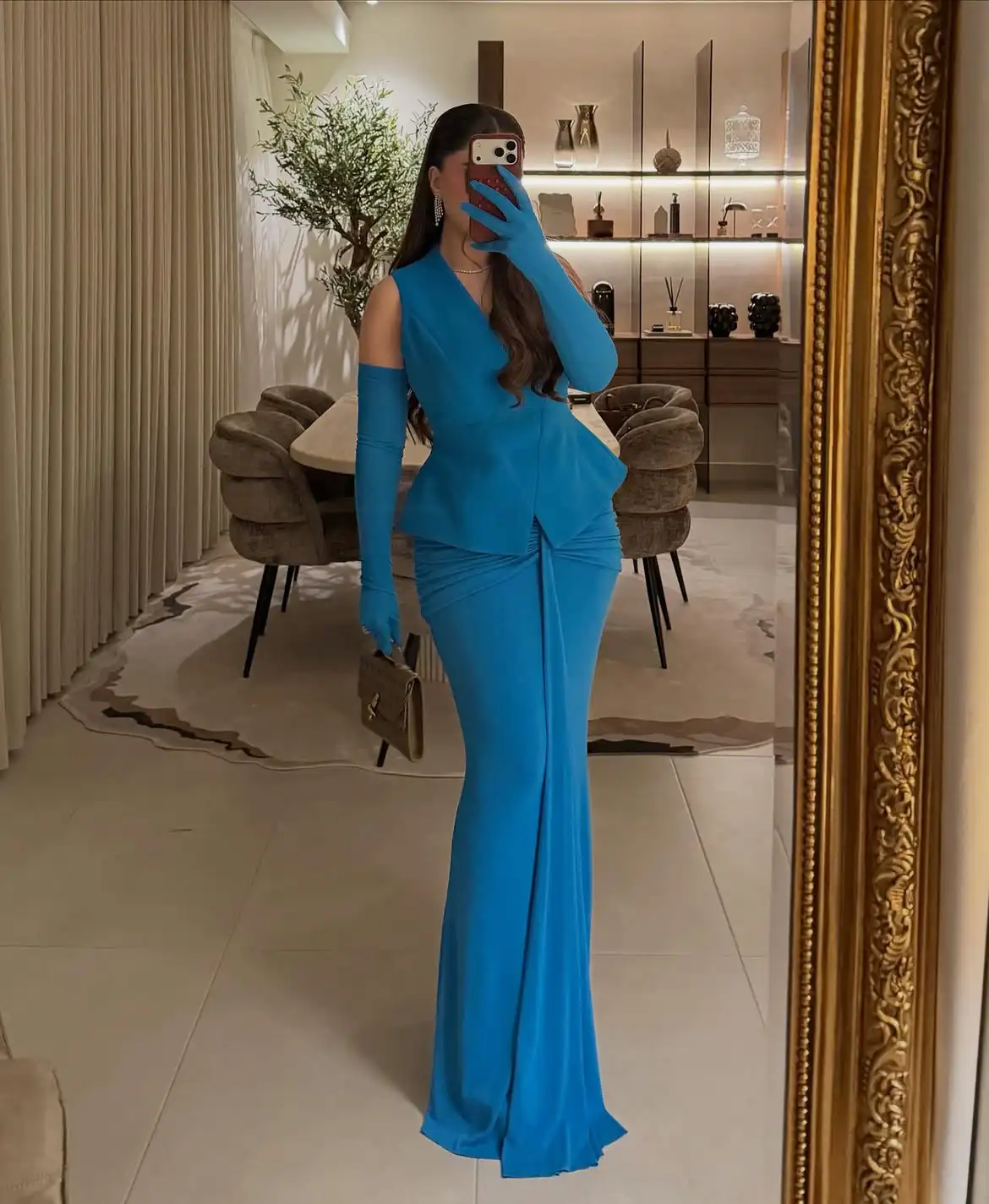 Cyan Blue 2 Piece Formal Evening Gown Sleeveless Peplum Blouse Mermaid Maxi Skirt Matching Long Gloves | V Neck Ruched Bodycon P