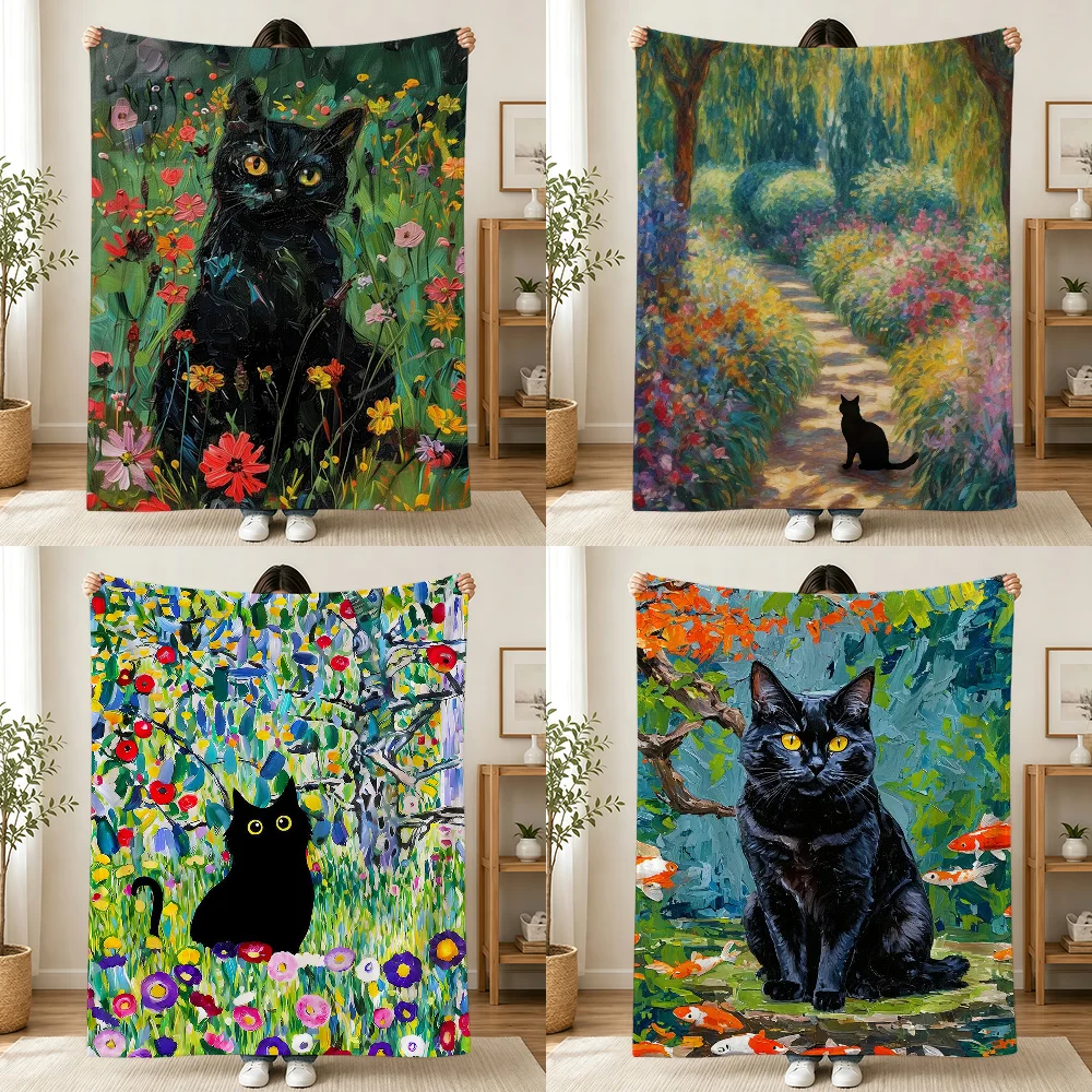 Abstract Green Plants Black Cat Art Blanket Printed Flannel Soft Warm Cozy Season Nap Bed Sofa Travel Camping Gift Adults Kids