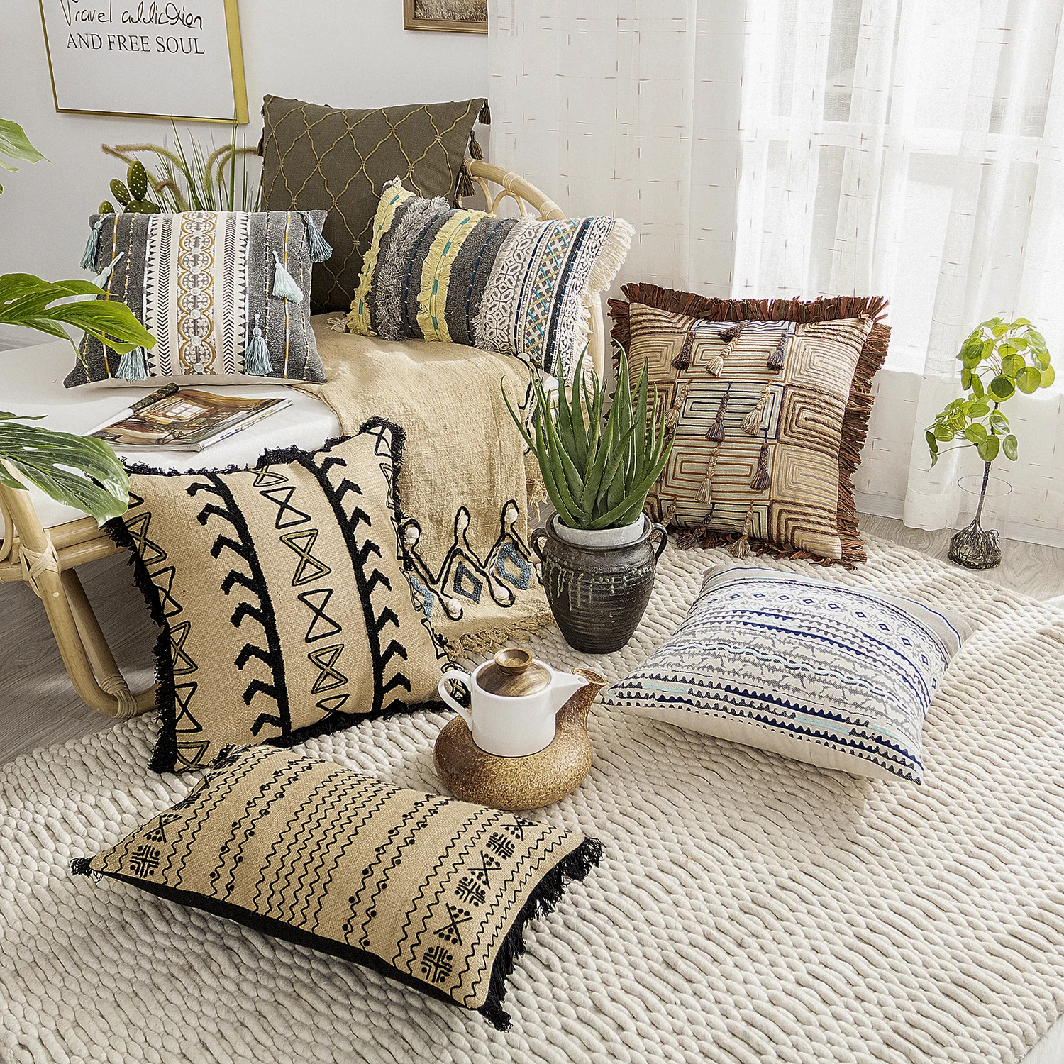 Handwoven Yellow Linen Cotton  Nordic Simple Bohemian Homestay Sofa Cushion Square Shape Living Room Decorative Pillow