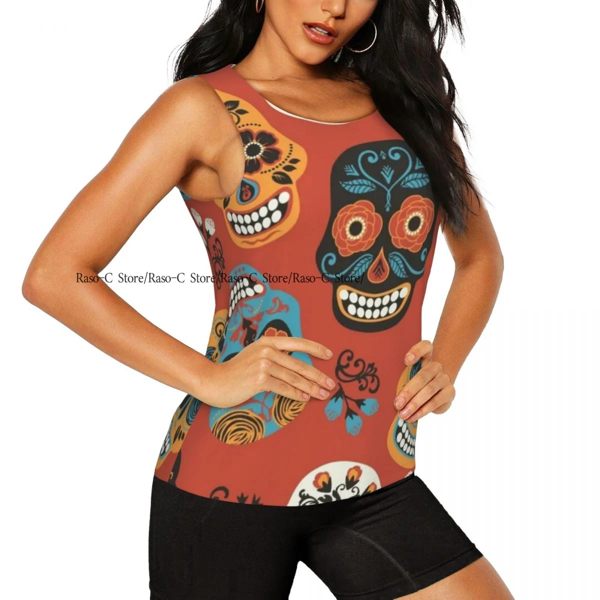 여성 스포츠 탱크탑 루즈 요가 탑스 빠른 건조 운동 스포츠 탑스 데이 오브 더 데드 스컬 요가 셔츠