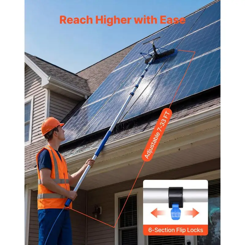 Kit de nettoyage de panneaux solaires, perche télescopique en aluminium 10m, passage d'eau, brosse rotative 180° °   Distributeur de savon pour toit solaire