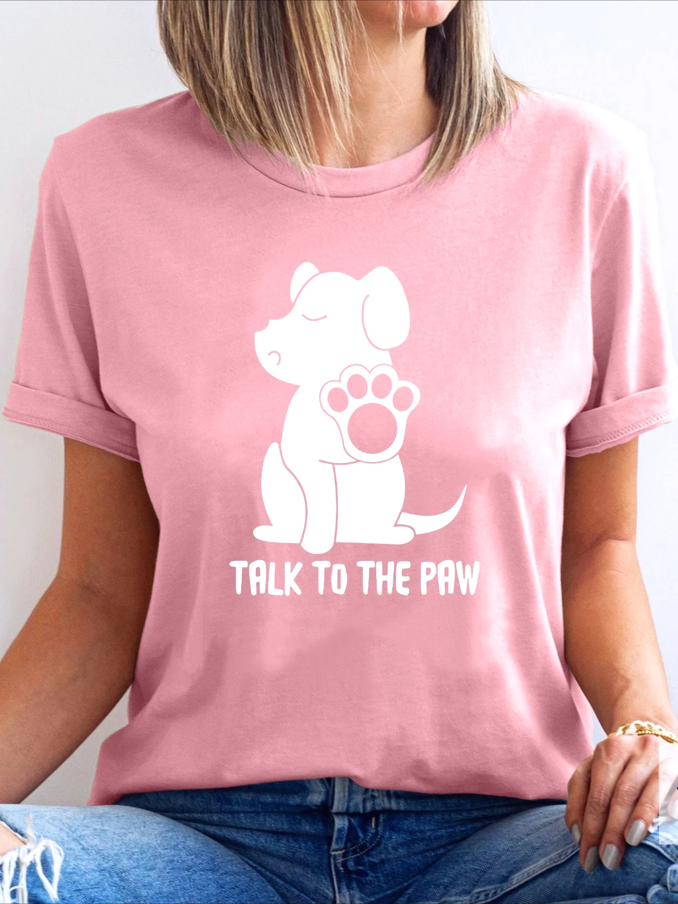 Casual Crew Neck T-Shirt Short Sleeve Regular Fit with Dog and "Talk To The Paw" Graphic Print for Plus Size New Woman Clothing