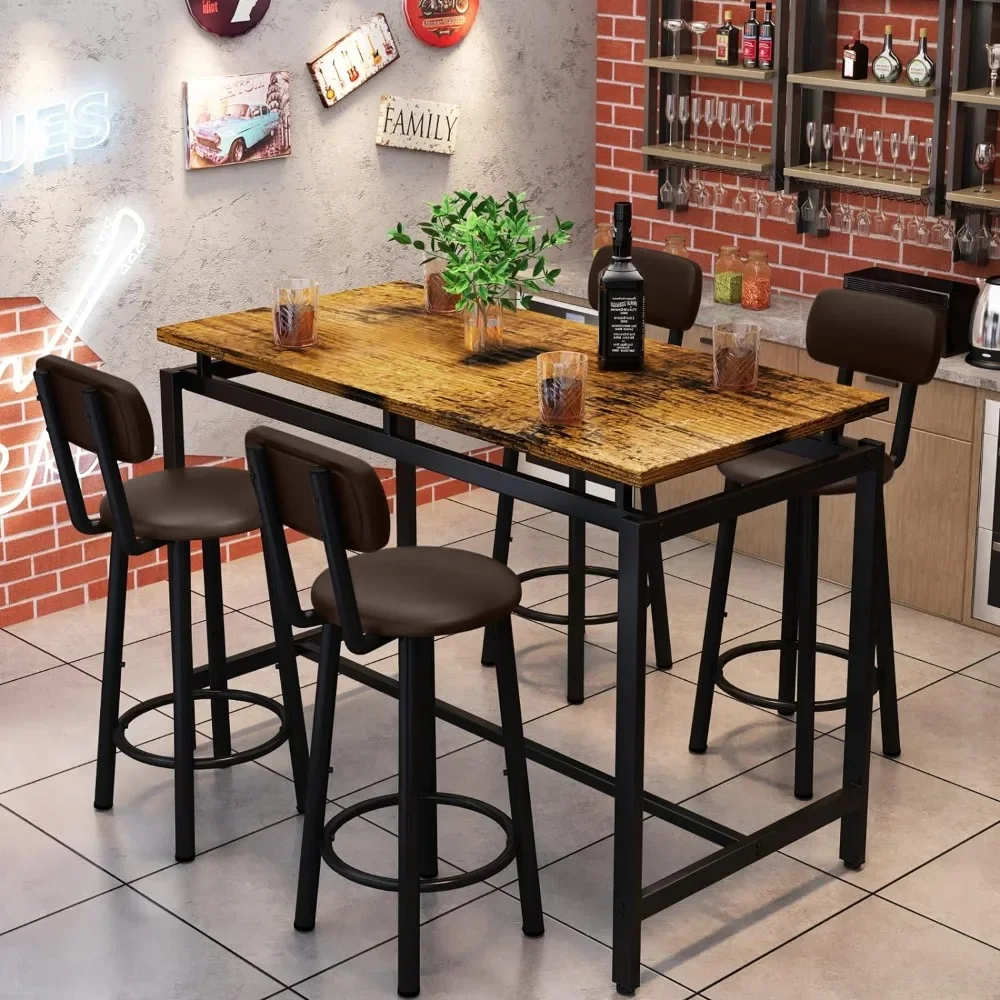 Dining Table Set for 4 Bar Kitchen Table and Chairs for 4, Counter Height Dinner Table with 4 PU Leather Upholstered