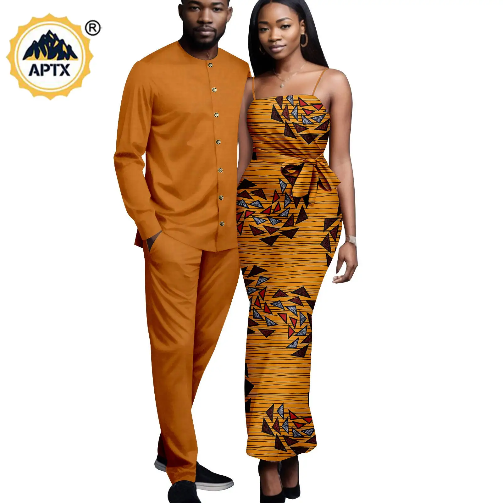 Dashiki Matching African Attire Couples Women Print Stripless Long Dresses Bazin Riche Men Top Shirt and Pants Sets Y23C100