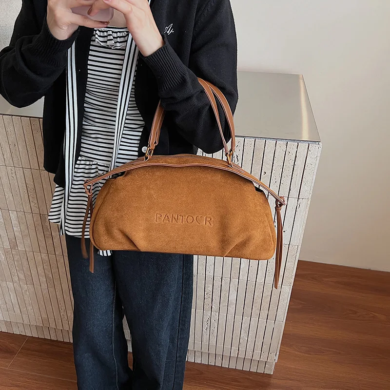 الشتاء ماتي القهوة الجمل الرمادي كبير حمل النمط الروسي الجلد المدبوغ جودة جلد المرأة بوسطن حقيبة يد ركاب حقيبة كتف الرجعية