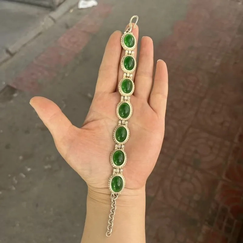 

Handmade Tibetan silver bracelet with gemstones inlaid on egg surface, silver chain with movable mouth bracelet, exquisite gift