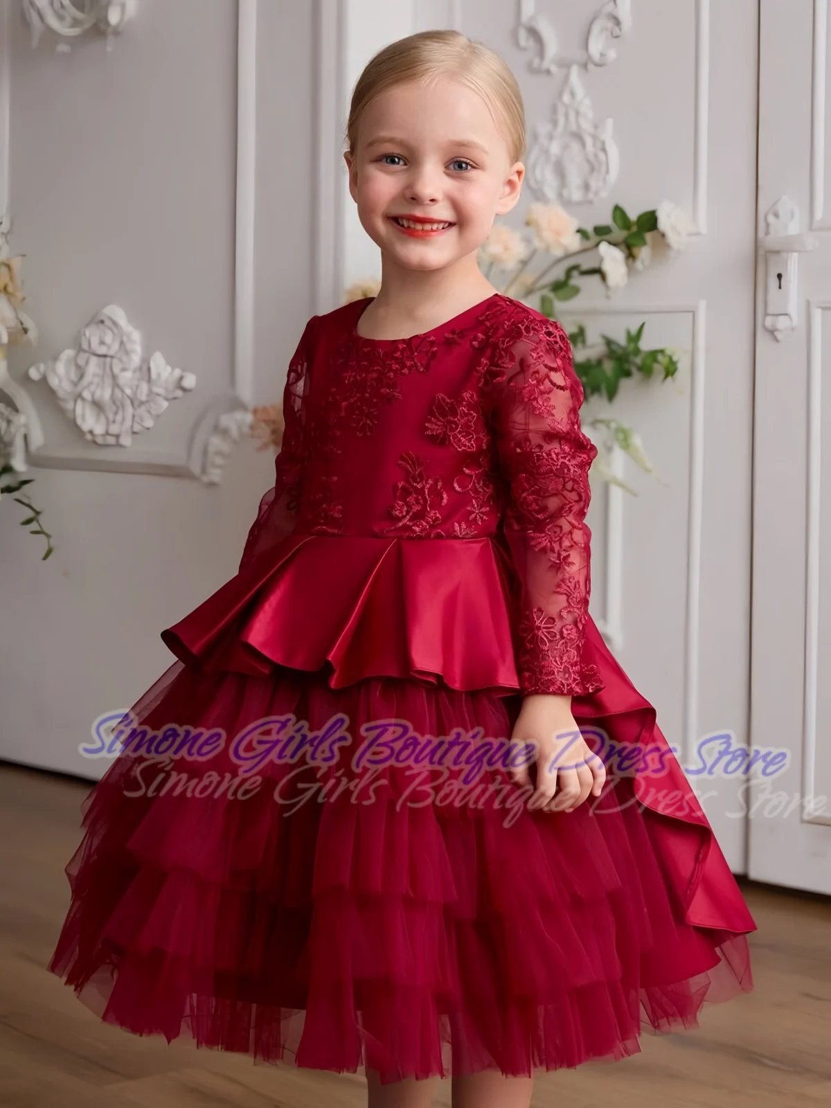 فساتين فتاة الزهور بأكمام طويلة وربطة عنق مطرزة بالدانتيل وأكمام طويلة للاستقبال الرسمي والاحتفالات والعطلات