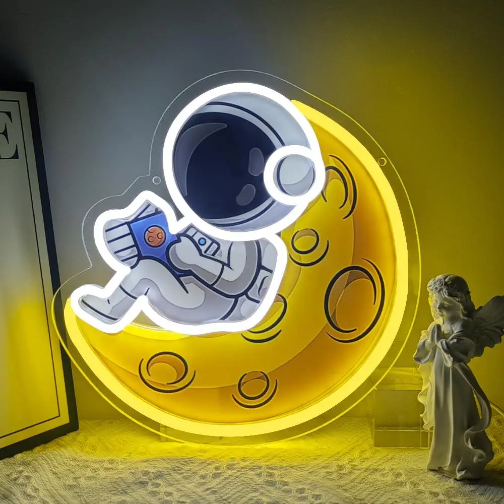 Astronaut Reading on Moon Neon Sign Dreamy Wall Decor for Room Bedroom Light Space Theme Bar Sign Unique Gift for Space Lovers
