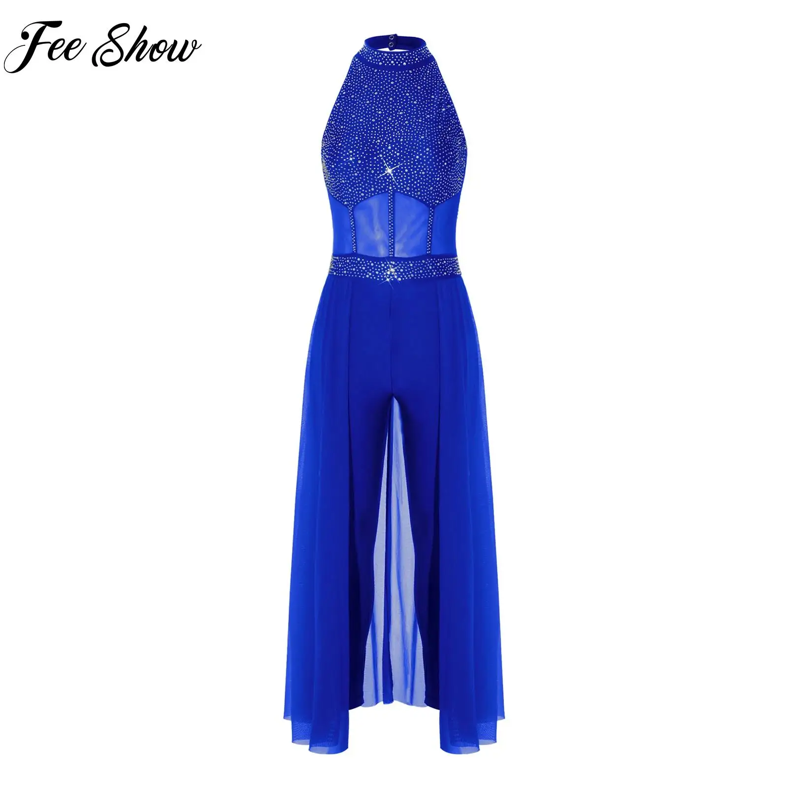 women-lyrical-ballet-dance-jumpsuit-glitter-rhinestone-halter-sheer-waist-mesh-layer-tight-pants-flowy-unitard-worship-dancewear