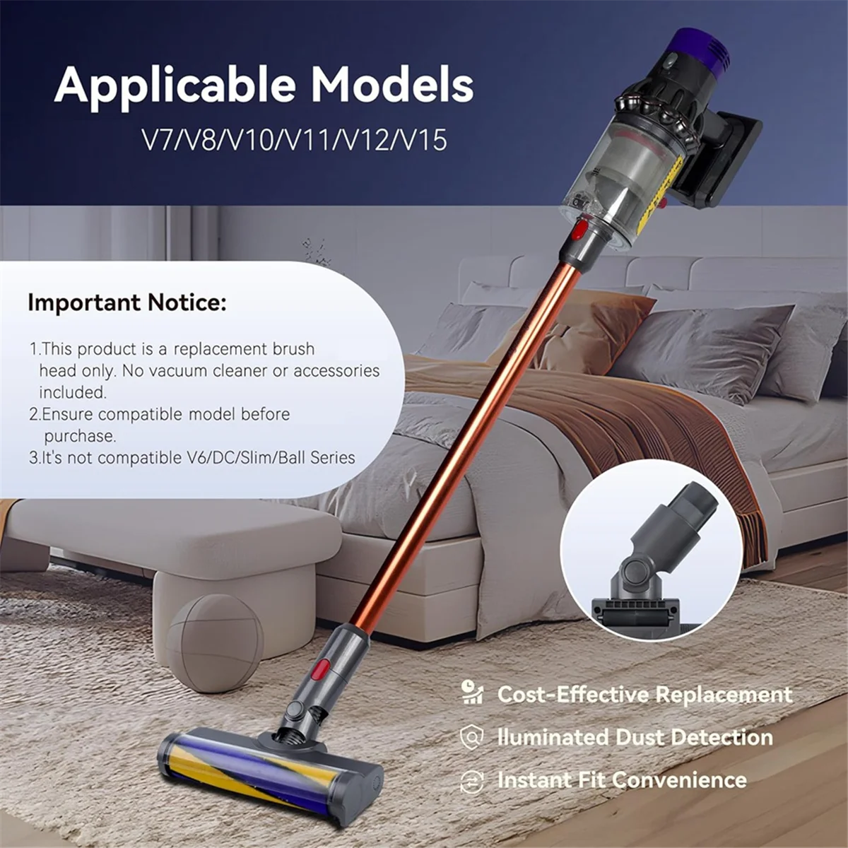 

A01R! Head Replacement for Dyson V7 V8 V10 V11 V12 V15, Cleaner Head Soft Roller Brush with Dust Detect Light Floor Attachment