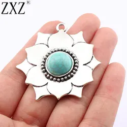 ZXZ 2pcs Tibetan Silver Imitation Turquoise Stone Flower Charms Pendants For Necklace Jewelry Making Findings 48x46mm