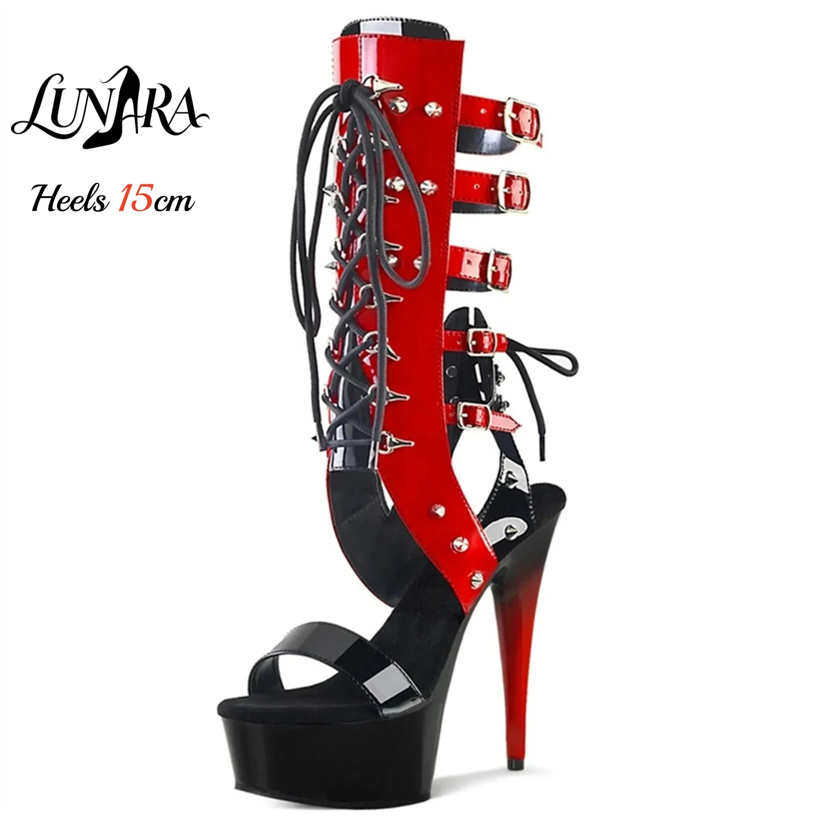 Ladies 15cm/6Inch Black Red Patent Lace-up Buckle Peep Toe Platform Stiletto Mid-calf Boot Runway Stripper Pole dance Nightclub