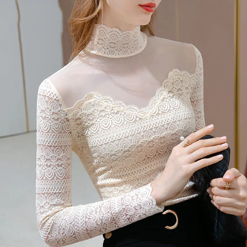 2023 Autumn and Winter Women\'s Pullover Half High Collar Hollow Out Gauze Solid Color Fashion Casual Elegant Long Sleeve Tops