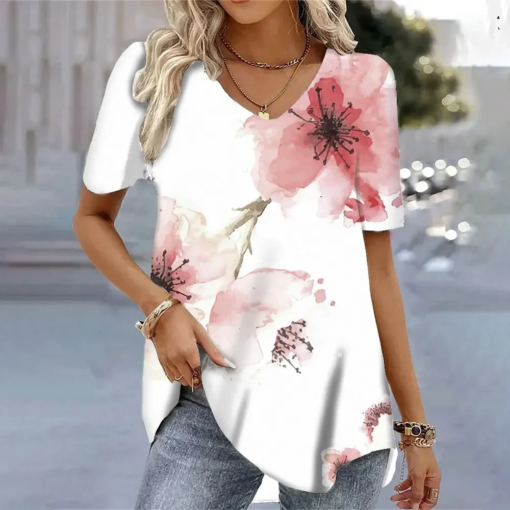 2024 Korean women\'s 3D painted butterfly print short-sleeved T-shirt V-neck short-sleeved top loose daily casual top comfortable