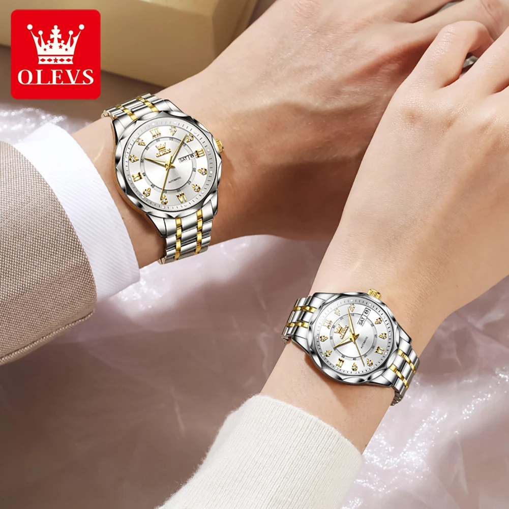 OLEVS Couple Watches 6727cp 2pcs Luxury Fashion Original Automatic Mechanical Watch for Lover Waterproof Luminous Date Week New