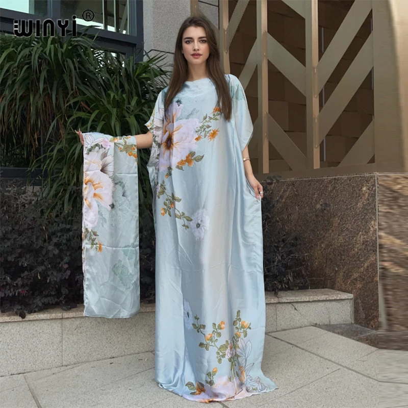 WINYI 2024 New African Women Dashiki boho print muslim woman dubai Free Size Design With Scarf Maxi Loose African Elegant Dress