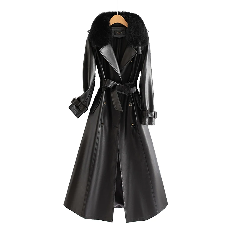   Jaqueta Feminina de Couro Genuíno Ning, Comprimento Médio, Nova Versão Coreana 2025, Casaco Slim de Pele de Carneiro Preto, Tendência Primavera Outono