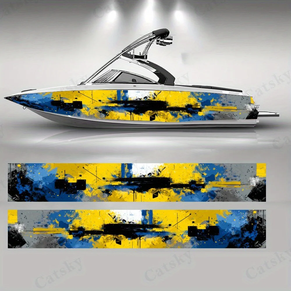 Blue Yellow Splashed Ink Collision Abstract Boat Sticker Vinyl Ship Pontoon Deck Boat Fishing Decorative Pontoon Boats Decal