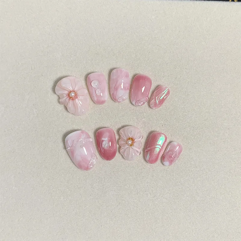 Handmade Reusable Adhesive False Nails with Design Artificial Sticky Nails Spring Pink Short Press on Nails with Box and Tools