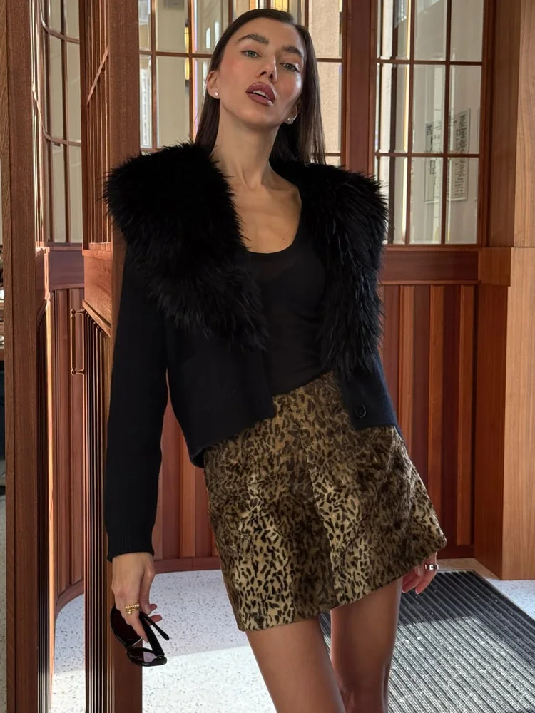 

Tossy Black Winter Knit Sweater Cardigan Female Fur Feather V-Neck Ribbed Patchwork Cropped Coat Top Knitwear Women's Cardigan