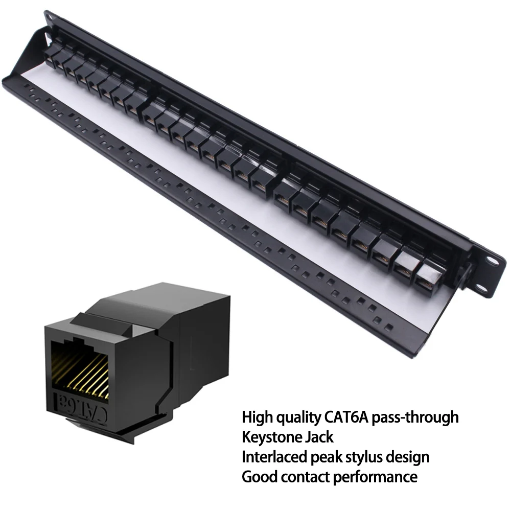 New 19in 1U Rack 24 Port Straight-through CAT6A Patch Panel RJ45 Network Cable Adapter Keystone Jack Ethernet Distribution Frame