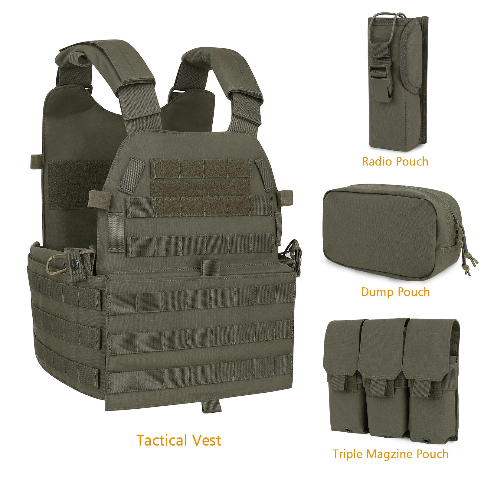 KRYDEX 500D Tactical Modular Vest W/ Triple Magazine Radio Dump Pouch For Airsoft Hunting Combat MOLLE Plate Carrier 6094 Vest