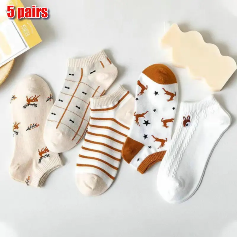 Chaussettes décontractées coupe basse pour femmes, chaussettes de bateau courtes, respirantes, mignonnes, dessin animé, haute qualité, été, nouveau, rinçage, 5 paires