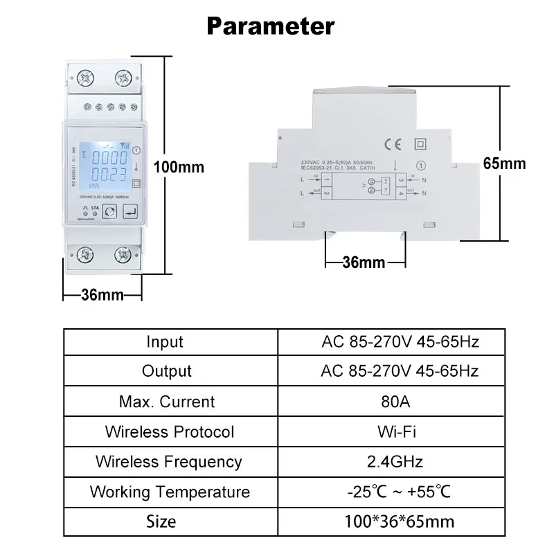 Tuya WiFi Bidirectional Energy Meter Single Phase 80A kWh Power Monitor Wattmeter Voltmeter Ampermeter 110 240VAC Remote Control