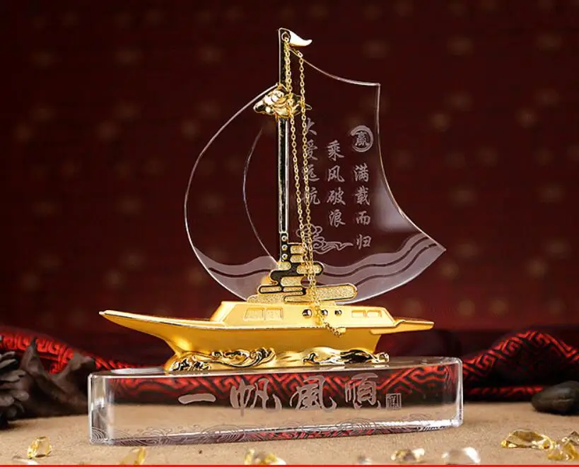 TOP GOOD Desk Business Decorative art Talisman -ALL GOOD LUCK crystal Sailboat FENG SHUI Mascot Sculpture statue