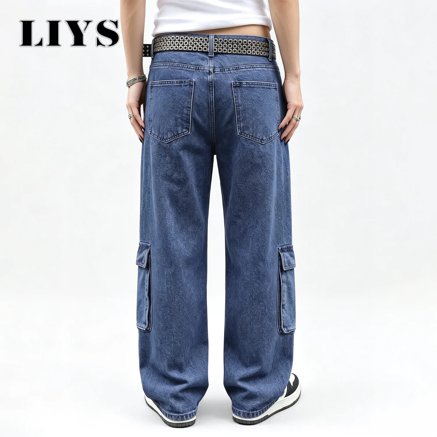 LIYS Men's Blue Retro Washed Baggy Cargo Jeans Summer Male Multi Pocket Straight Tube Work Clothes Winter Denim Pants Clothes