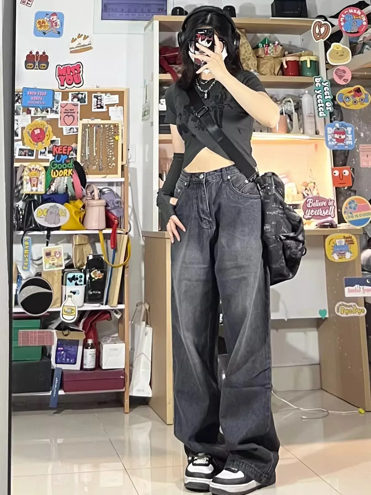 WCFCX STUDIO-Jeans Baggy Preto Vintage Feminino, Cintura Alta, Oversize, Calça de Perna Larga, Calças Jeans, Streetwear, Coreano, Y2K