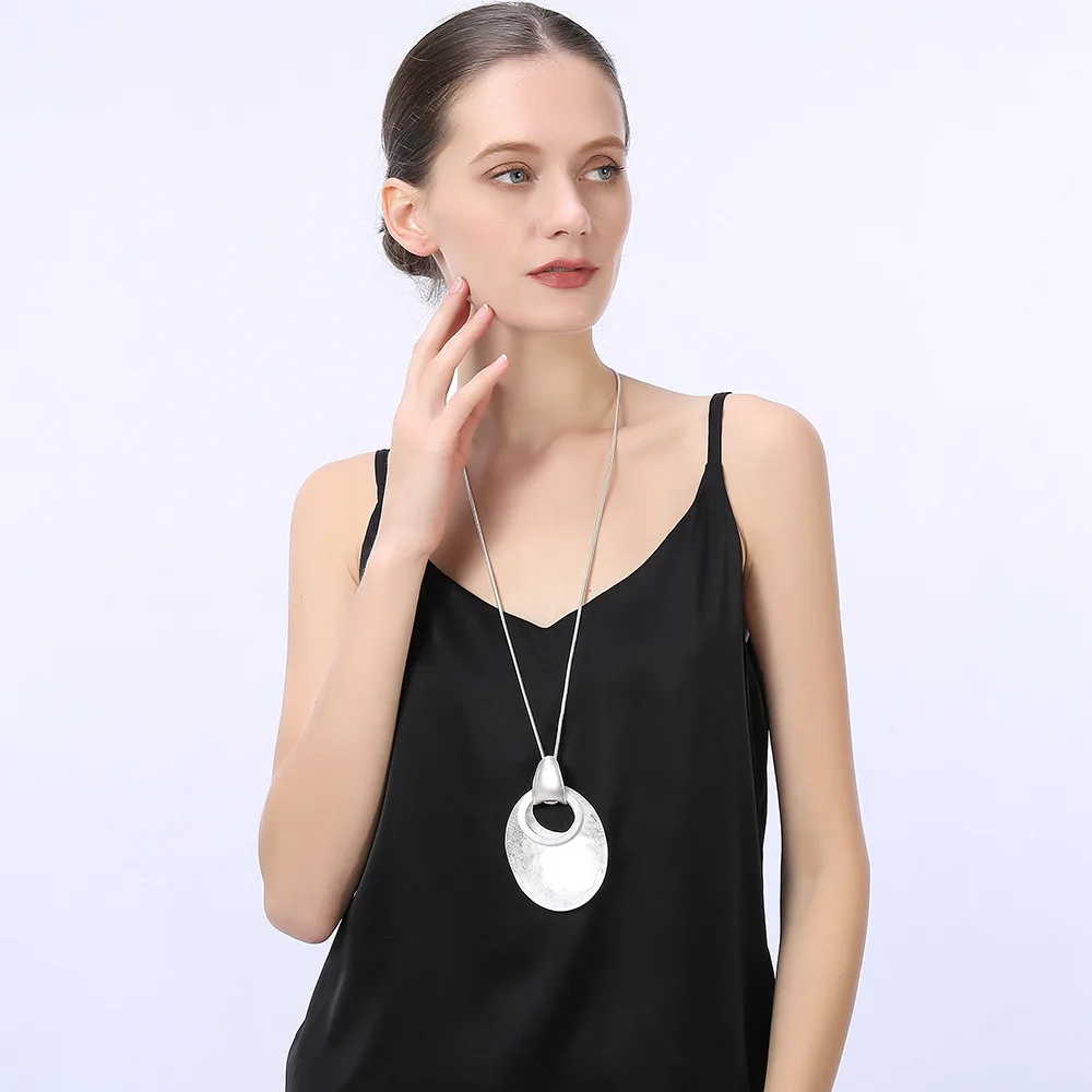 

Kaseakia Retro Simple Round Metal Pendant Sweater Chain Long Necklace for Women