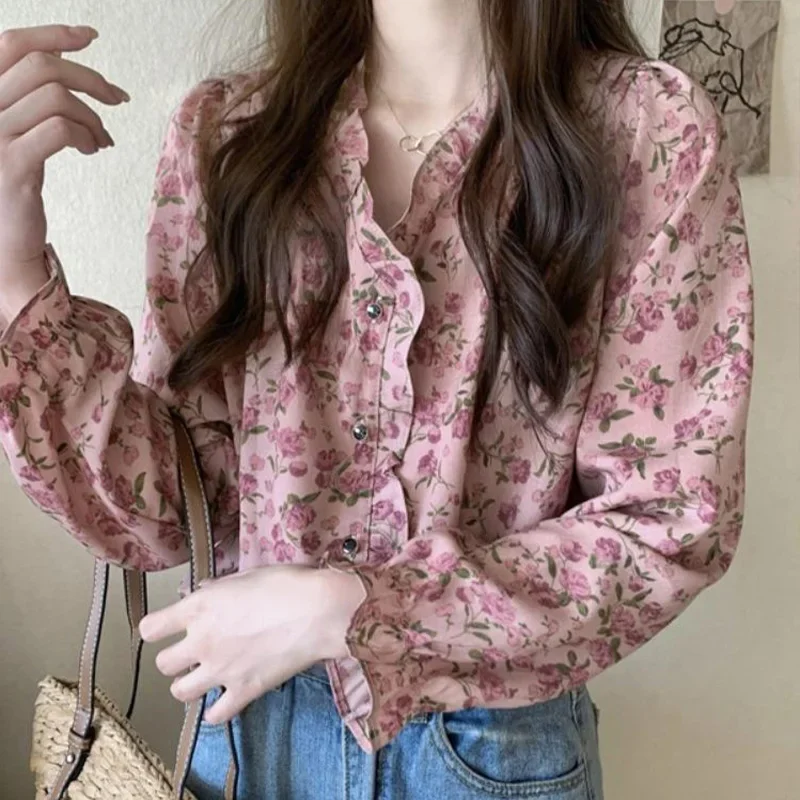 French V-neck Vintage Temperament Floral Printing Young Style Long Sleeved Shirt Autumn New Fashion Casual Elegant Women\'s Top