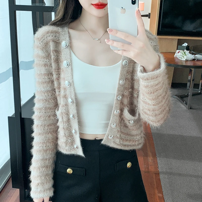 

Autumn Fashion Women Short Coat Long Sleeve Young Lady Elegant Knitting Cardigans Solid Color Female Jacket Double Breasted Coat