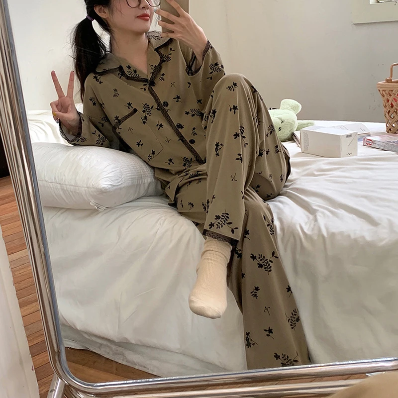 Floral Sleepwear Women Pajama Sets Korean Pants Sets for Women 2 Pieces Night Wear Autumn Turn Down Collar Casual Home Suit New