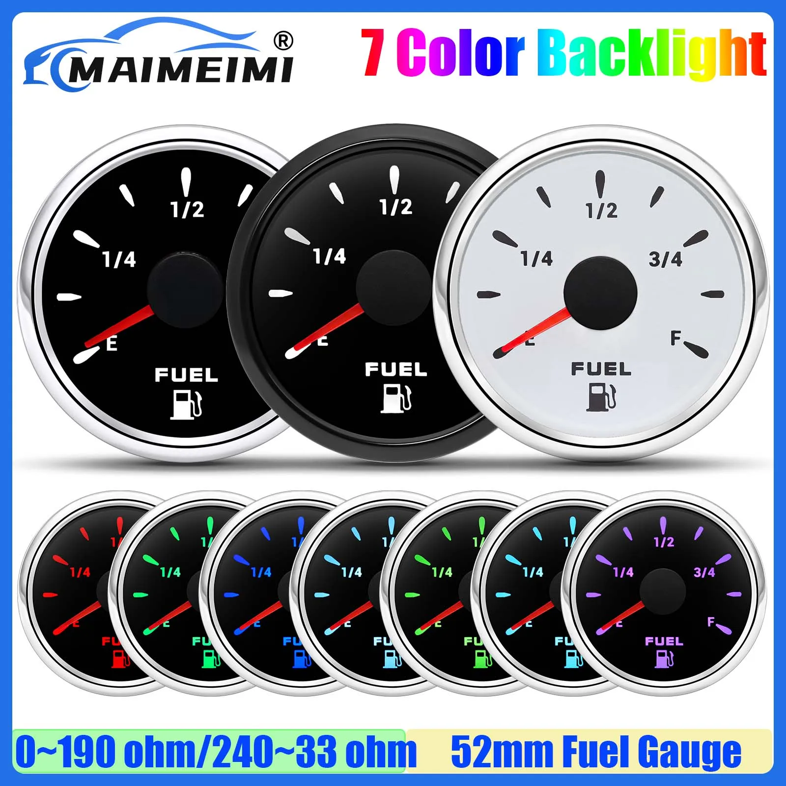

7 Color Backlight 52mm Fuel Level Gauge Waterproof IP67 0-190ohm,240-33ohm Oil Tank Meter Indicator for Car Marine Boat Yacht
