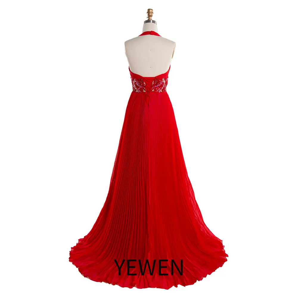 Striking Red and Purple A Line Backless Halter Neck Gown Pleated Long Prom Dresses Evening Dress for Photo Shoot YEWEN YE3020