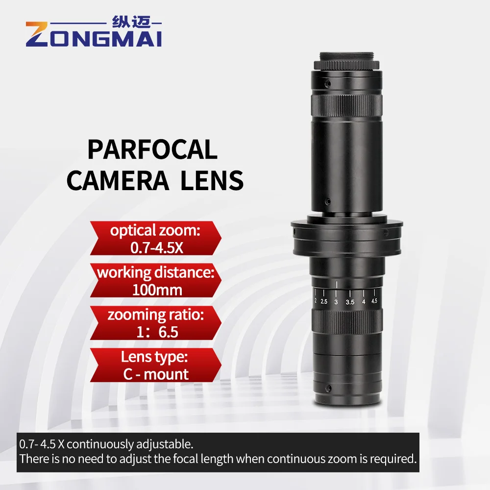 

ZONGMAI Industrial Video Microscope Camera C-Mount Type Interface Confocal Adjustable Magnification 0.7X-4.5X Optical Zoom Lens