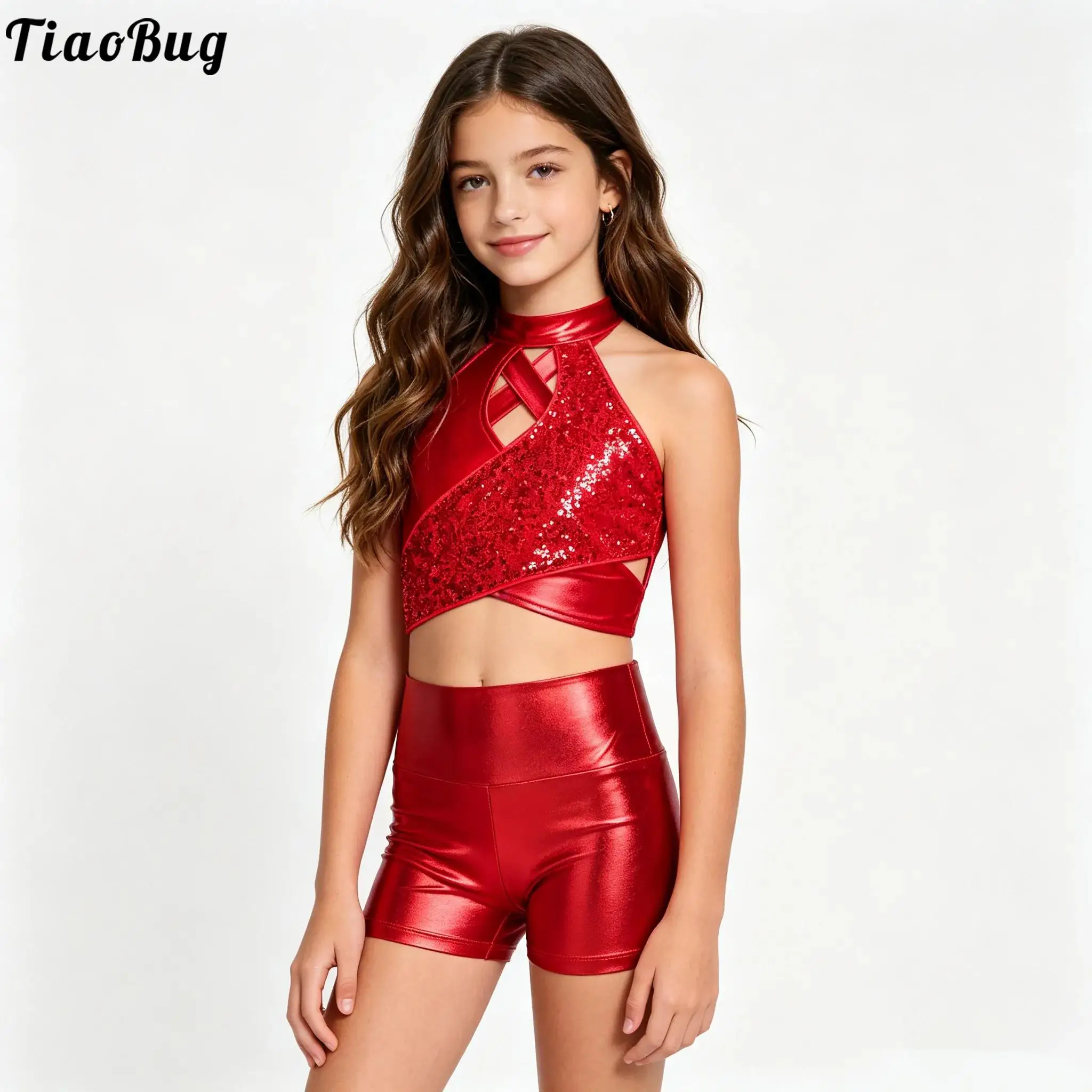 Kids Girls Metallic Hip Hop Jazz Dance Outfit Cross Keyhole Sparkly Sequins Crop Top with Shorts Cheerleading Stage Dancewear