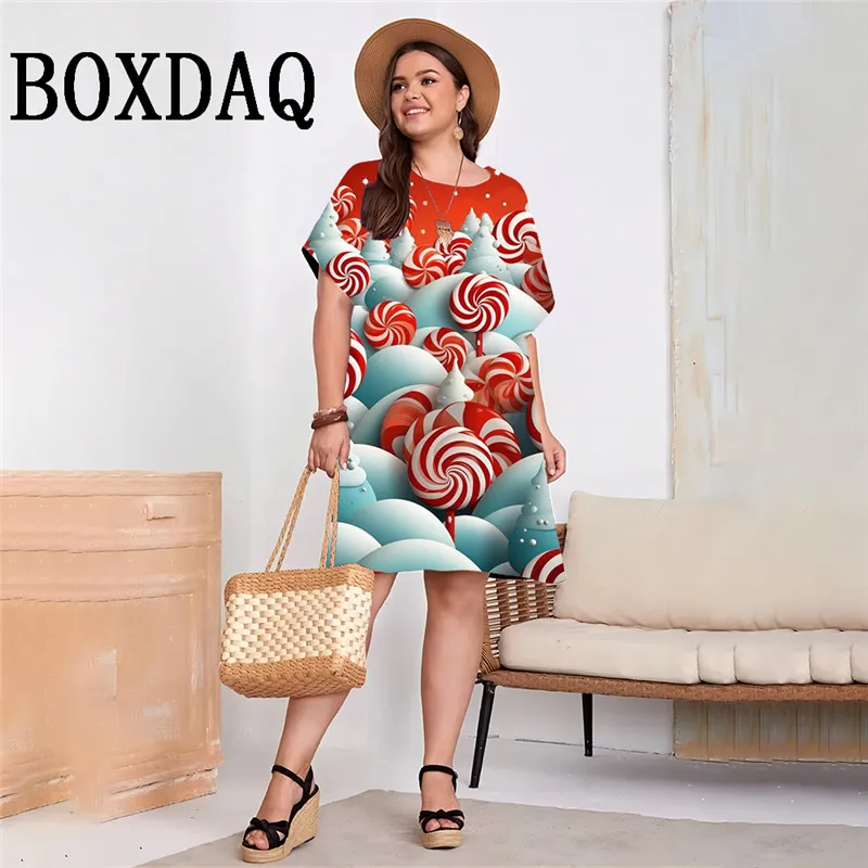 Sukienka na przyjęcie bożonarodzeniowe Elegancka słodka sukienka z krótkim rękawem 3D Lollipop Print Luźna sukienka Moda Plus Size 9XL Casual Summer