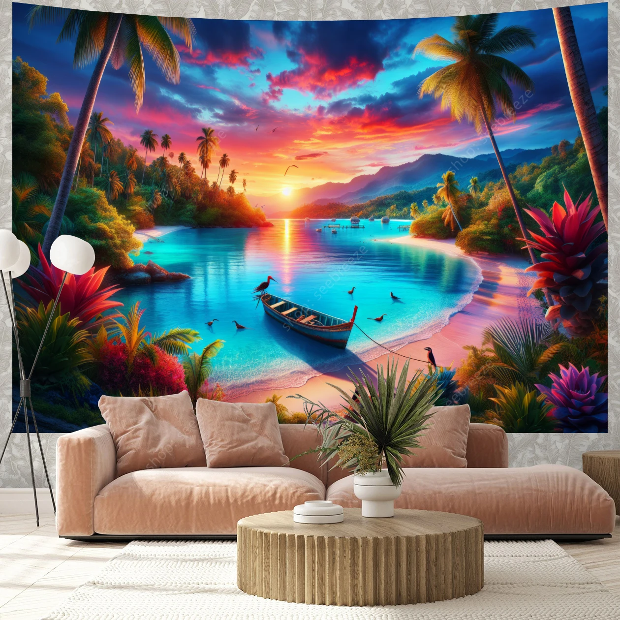 Caribbean Sunset Paradise Tapestry Wall Hanging for Hippie Boho Aesthetic Room Decor Psychedelic Home Wall Decor  Beach Towel