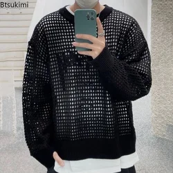 New 2024 Men's Black Long Sleeve KnittedTop Sweaters Clothes Hollow Out Fishnet Mesh Style Knit Retro Sweater Casual Male Tops