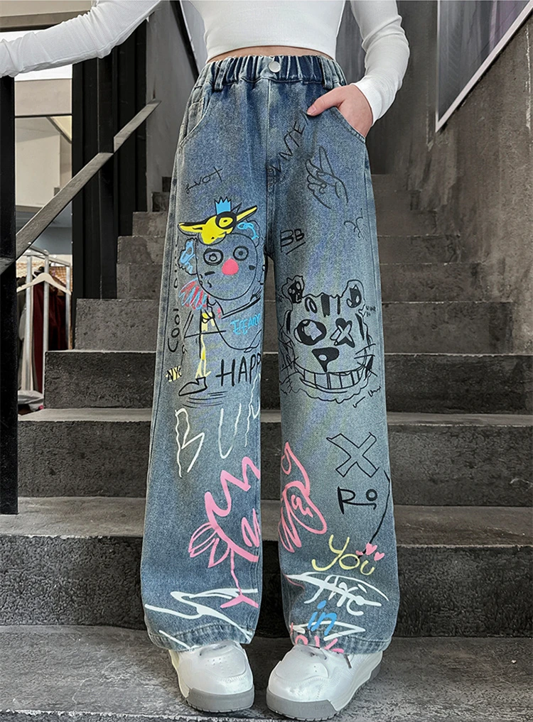 

5-13T spring autumn children kids girls stretch waist drawing straight jeans