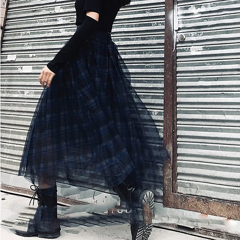 TWOTWINSTYLE Plaid Patchwork Mesh Women's Skirts High Waist Hit Color Elegant A Line Skirts Female 2020 Spring Fashion New