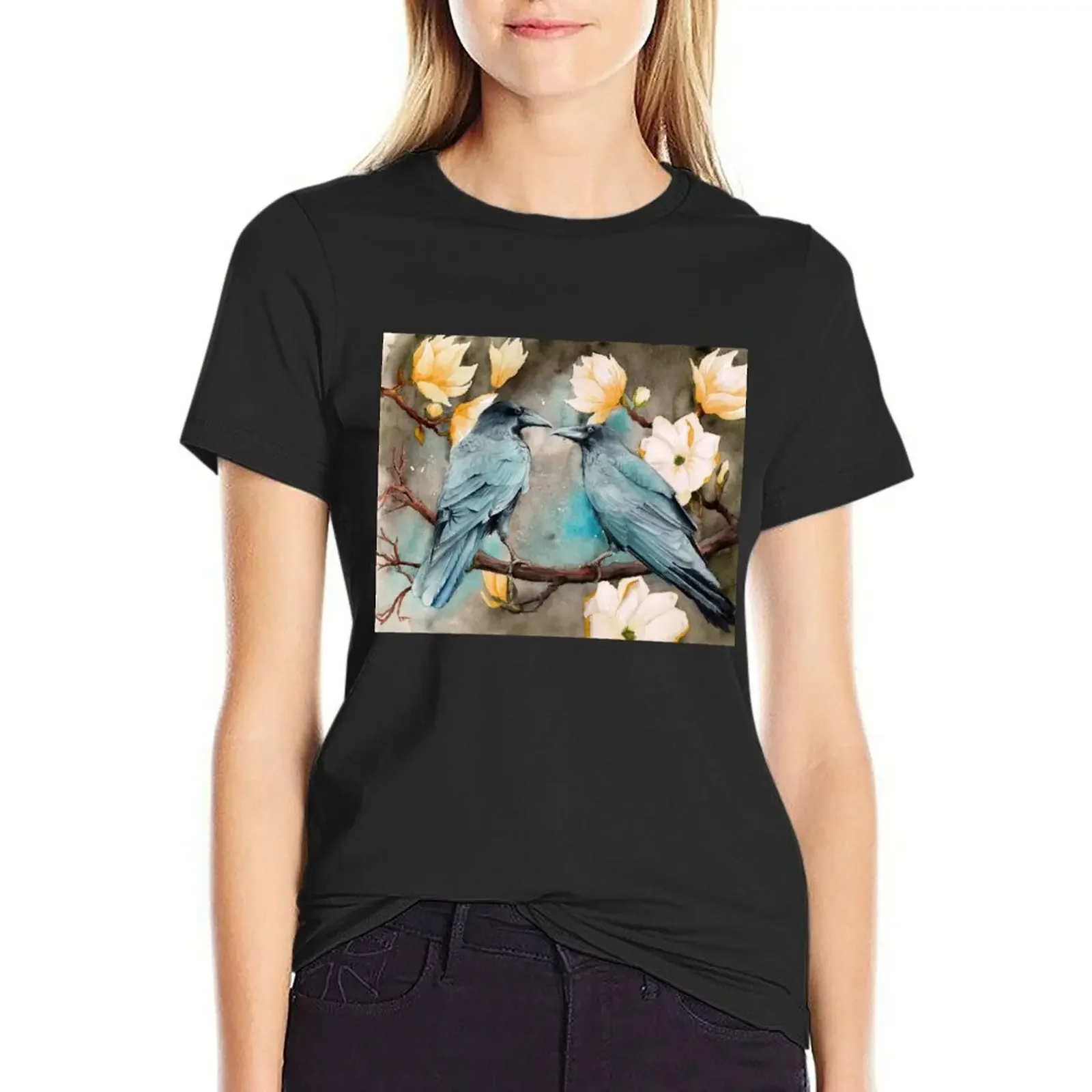 

Black ravens and yellow magnolias T-Shirt Short sleeve tee Blouse hippie clothes customizeds summer clothes for Women