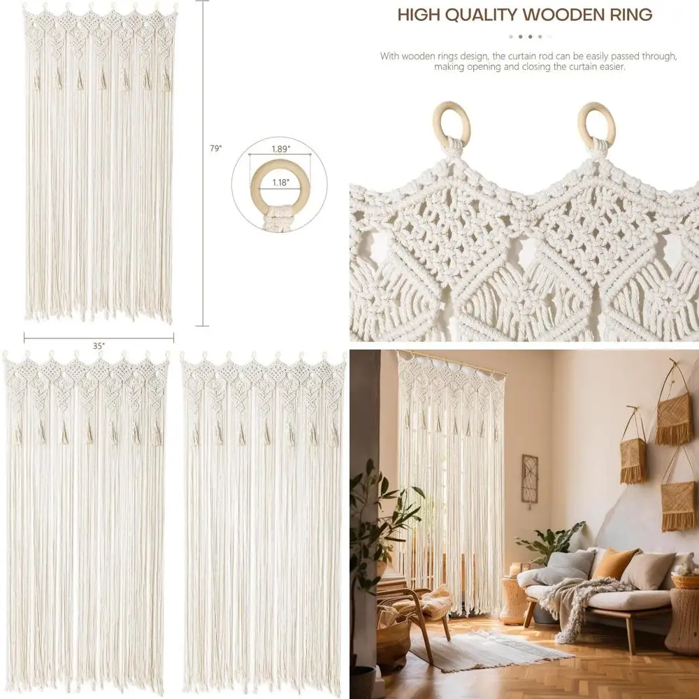

Handcrafted Macrame Curtains with Tassels, 2-Panel Room Divider, 79x35, Bohemian Decor for Living Spaces and Events